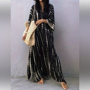 CELEBRATE BLACK WHITE MIX BOHO S-4X LOUNGE COVERUP ROBE GOWN RESORT DRESS KAFTAN
